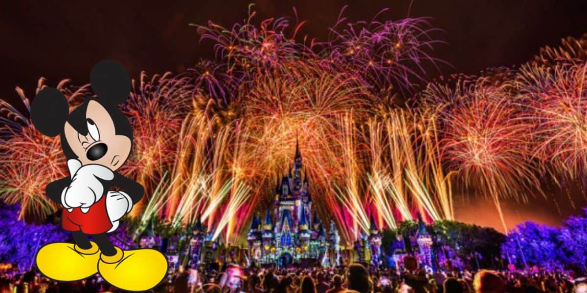 Mickey Mouse greets guests in front of Cinderella Castle as vibrant fireworks burst across the night sky above a bustling Disney World crowd, capturing the excitement that comes from perfectly timed visits to the park.