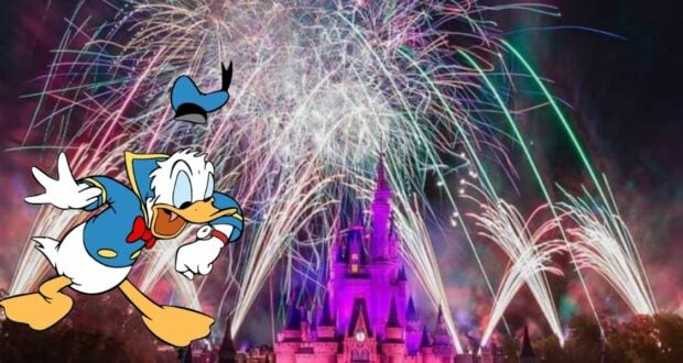 Donald Duck greets guests in front of a dazzling fireworks show above the illuminated Cinderella Castle at night, celebrating the excitement of Disney World Fireworks Summer 2022.