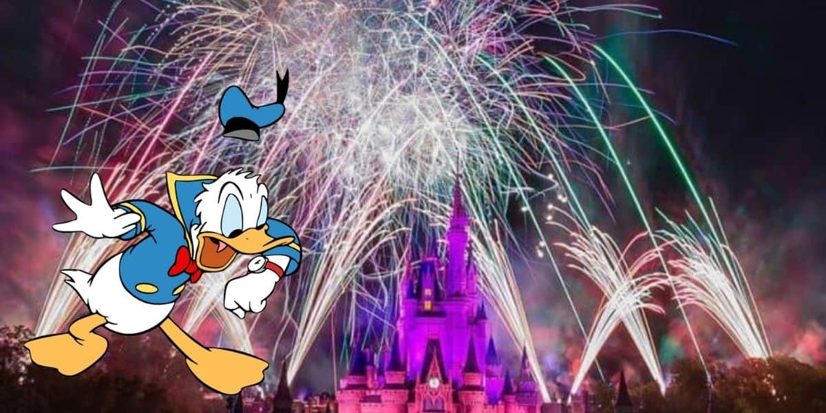 Donald Duck greets guests in front of a dazzling fireworks show above the illuminated Cinderella Castle at night, celebrating the excitement of Disney World Fireworks Summer 2022.