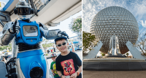 A young guest smiles alongside the iCan Showbot at EPCOT, with Spaceship Earth’s iconic geodesic sphere in the background.