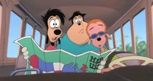 Beloved Disney characters sit in a car at Disney World, puzzling over a resort map as they try to find their way; the driver, looking drowsy, struggles to stay awake amid the theme park excitement.