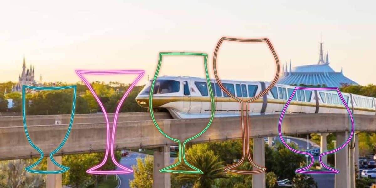 The Disney World Monorail glides behind glowing neon cocktail glass outlines at sunset, with iconic park landmarks in view—capturing the vibrant energy of the legendary Monorail Bar Crawl.