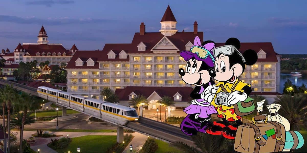 Mickey and Minnie, dressed for adventure, pose with their suitcases outside a grand Disney World hotel as the monorail glides by—ready to inspire your next magical vacation packing list.