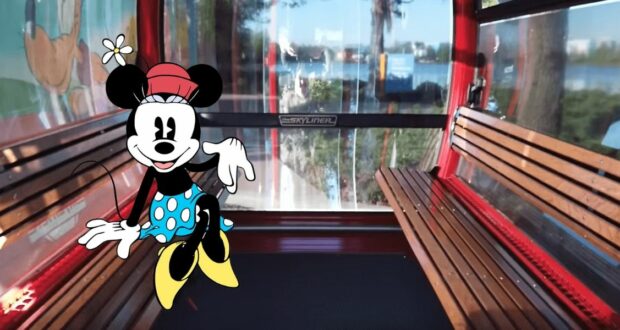 Minnie Mouse enjoys a relaxing moment on a wooden bench inside a bright red Skyliner gondola with expansive windows, capturing the whimsical charm of Disney World’s iconic cable car experience.