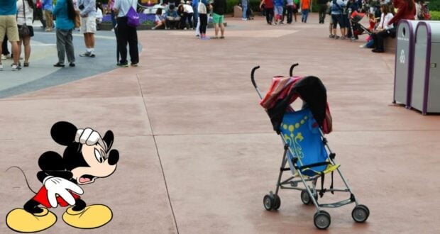 Mickey Mouse at Disney World stands by an empty stroller with a jacket draped over the handles, his face filled with worry as if he's just seen something suspicious unfold in the park.