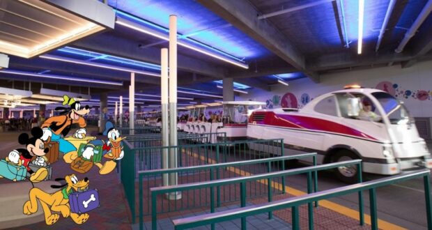 Beloved Disney characters, including Mickey and friends, stroll with their suitcases beside a classic white Walt Disney World Tram in the covered parking area, bathed in blue light that enhances the sense of anticipation and wonder for park guests.