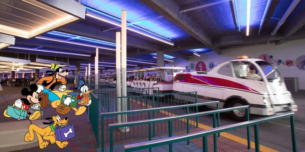 Beloved Disney characters, including Mickey and friends, stroll with their suitcases beside a classic white Walt Disney World Tram in the covered parking area, bathed in blue light that enhances the sense of anticipation and wonder for park guests.