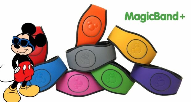Vibrant MagicBands stacked together, the MagicBand+ logo, and Mickey Mouse in sunglasses and classic red shorts on the left capture the excitement of MagicBand+ launching at Disney Parks.