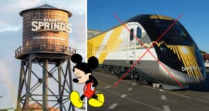 Disney Springs water tower and Mickey Mouse stand prominently, while the Brightline Disney train on the right is marked out with a bold red X.