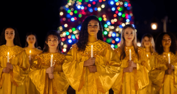 Six Candlelight Processional performers in shimmering gold robes hold glowing candles, standing in front of a brilliantly lit, colorful Christmas tree at EPCOT during the evening, capturing the festive ambiance and cherished holiday tradition of this Disney Parks event.