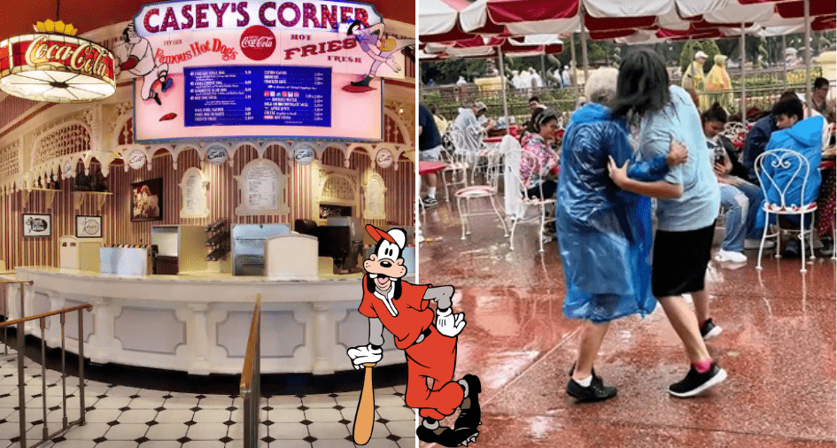 At Magic Kingdom, Casey’s Corner invites guests in on the left, while on the right, visitors enjoy a magical moment dancing together in the rain under classic red striped umbrellas.