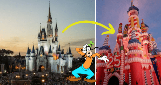 Goofy excitedly gestures toward a majestic Disney castle on the left and a vibrant Cinderella Castle Birthday Cake on the right, highlighted by a playful yellow arrow.