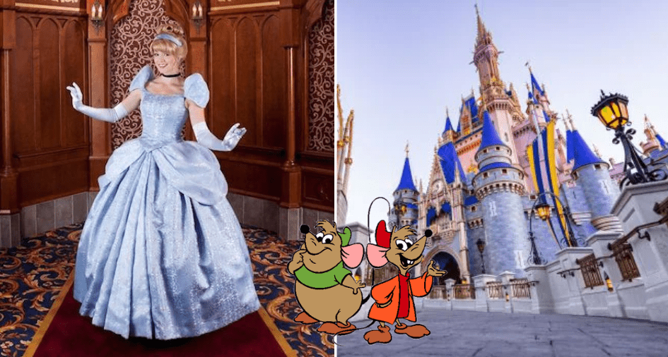 Cinderella greets guests with her helpful mice friends inside the magical halls of the castle, while the iconic Cinderella Castle sparkles in the sunshine just outside.