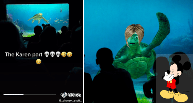 Guests enjoy Turtle Talk With Crush as a turtle sporting a playful wig appears on the aquarium screen, with the iconic Mickey Mouse graphic in the corner and an engaged audience looking on.