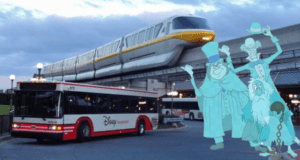 Disney Transport’s iconic bus and monorail are joined by the playful Hitchhiking Ghosts from the Haunted Mansion, bringing a touch of spooky fun to the whimsical Disney Resort atmosphere.