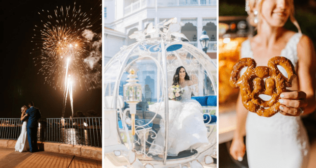 Newlyweds take in a dazzling fireworks show at their Disney Wedding, a bride enjoys a royal moment in Cinderella’s iconic carriage, and another bride snacks on a classic Mickey Mouse pretzel.