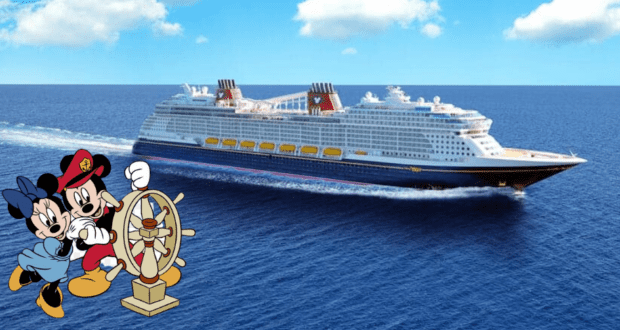 Mickey and Minnie, dressed in their captain uniforms, greet guests beside a ship wheel with the stunning Disney Wish Delivery cruise ship as their backdrop, set against the open sea.
