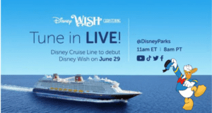 Disney Wish cruise ship sails on the water as Donald Duck waves to fans, with text inviting viewers to the June 29 Disney Wish Live debut livestream event.