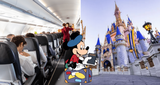Mickey Mouse, suitcase in hand, boards a plane for an exciting international journey and then arrives outside the iconic Disney castle at Disney World, all set for a magical adventure.