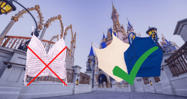 The iconic Disney castle with a crocheted top overlay marked with an X, and two tank tops highlighted by a green check mark in front, visually summarizing Disney World's updated dress code for visitors.