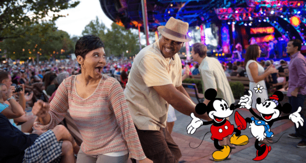 Guests enjoy dancing under the open sky during the energetic Eat to the Beat Concert Series at EPCOT, as playful illustrations of Mickey and Minnie Mouse add a touch of Disney magic to the festivities.