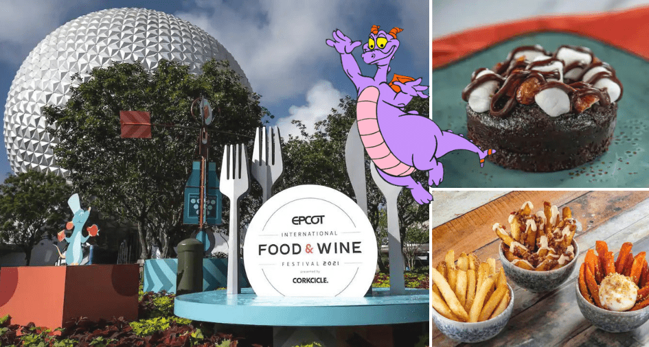 EPCOT International Food & Wine Festival sign, Figment the purple dragon, an indulgent chocolate dessert, and a variety of fries served in festival cups.