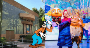 Goofy greets guests outside the theater at Disney’s Animal Kingdom, where inside, performers dazzle audiences with larger-than-life fish puppets and vibrant sets in Finding Nemo: The Big Blue...and Beyond!.
