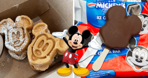 A spread of iconic Disney park treats—including Mickey-shaped waffles, a Mickey ice cream bar, and the classic Mickey Pretzel—surrounds a cheerful cartoon Mickey Mouse with arms raised, capturing the magic and nostalgia beloved by Disney World visitors and snack fans alike.