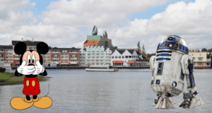Mickey Mouse and R2-D2, rumored to be at the center of a recent Disney heist, pose lakeside at EPCOT with vibrant World Showcase pavilions and a passing boat creating a lively park backdrop.