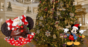 Mickey Mouse bundled up for winter, a festive Santa-themed cupcake, and a towering Christmas tree in a beautifully decorated Disney World lobby create the ultimate Halfway to the Holidays atmosphere for guests.