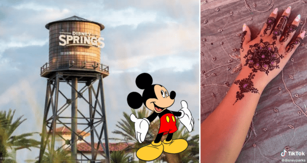 The iconic Disney Springs water tower, a cheerful Mickey Mouse illustration, and a hand beautifully decorated with detailed henna art come together to showcase the enchanting experience of Henna at Walt Disney World.