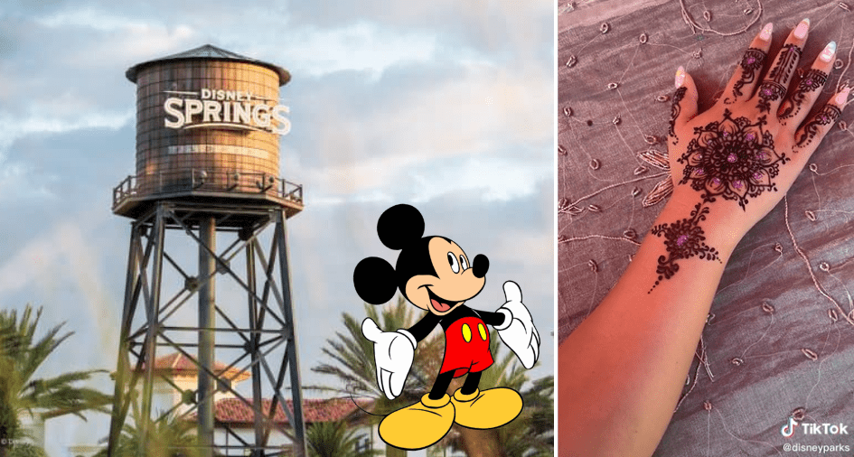 The iconic Disney Springs water tower, a cheerful Mickey Mouse illustration, and a hand beautifully decorated with detailed henna art come together to showcase the enchanting experience of Henna at Walt Disney World.