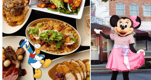 A delicious spread of Disney-themed dishes served alongside a cheerful Donald Duck, while Minnie Mouse in her signature pink dress greets visitors outside the iconic Hollywood & Vine restaurant at Disney’s Hollywood Studios.