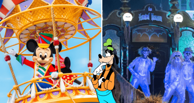 Mickey Mouse greets fans from a vibrant parade float as the Disney World parade rolls by; nearby, Goofy mingles with mischievous ghosts outside the Haunted Mansion.