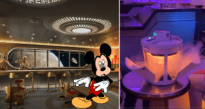 Mickey Mouse enjoying a high-end $5,000 Disney cocktail alongside a robot in a sleek, futuristic bar setting at Disney World, all illuminated by vibrant purple lighting.