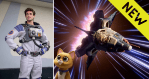 Buzz Lightyear, a playful cartoon cat companion, and their spaceship blast off amid a vibrant star-studded galaxy, highlighted by a bold yellow "NEW" announcement.