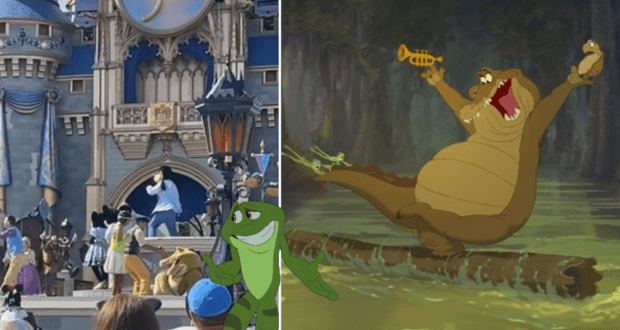 Mickey and friends bring the magic to the left side of the stage in Mickey's Magical Friendship Faire, while on the right, guests are treated to a lively scene with a cartoon alligator playing trumpet atop a log.