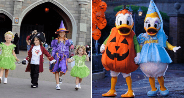 Donald and Daisy Duck, dressed in festive pumpkin and blue princess costumes, hold hands as they join two other children on Main Street to kick off the excitement of Mickey's Not-So-Scary Halloween Party at Magic Kingdom.