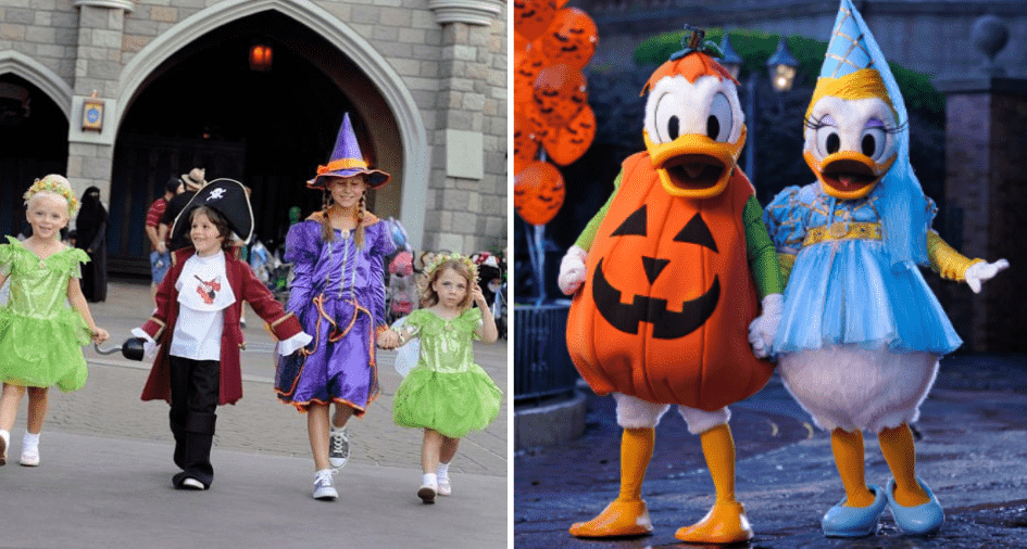 Donald and Daisy Duck, dressed in festive pumpkin and blue princess costumes, hold hands as they join two other children on Main Street to kick off the excitement of Mickey's Not-So-Scary Halloween Party at Magic Kingdom.