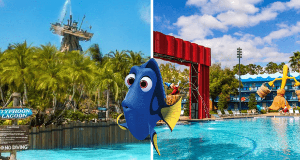 Dory glides past the vibrant Disney Water Park and sparkling Resort pool, surrounded by swaying palm trees under clear blue skies, capturing the magic of a Disney vacation.