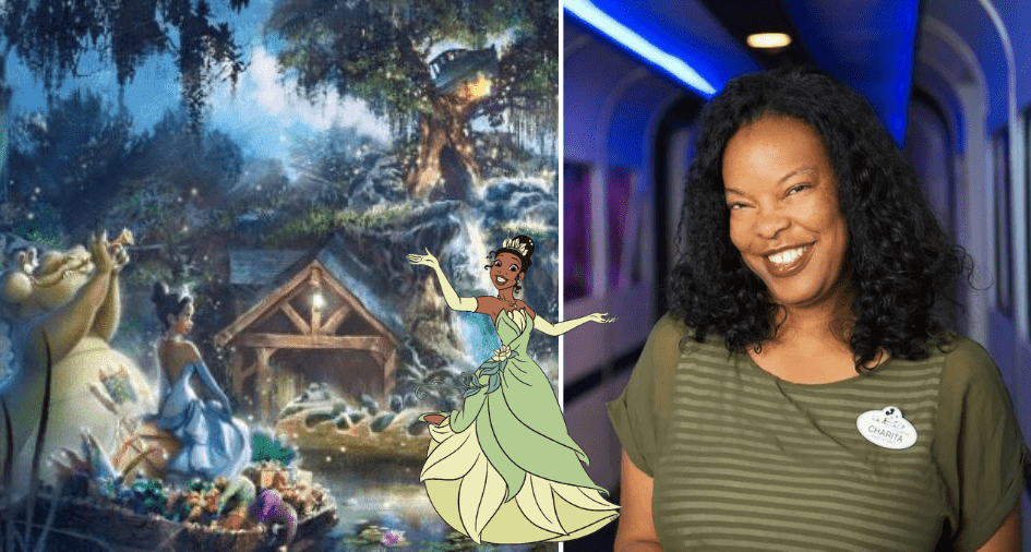 Charita Carter beams beside Princess Tiana artwork and a vibrant cartoon Tiana in her iconic green dress, celebrating the enchanting spirit of The Princess and the Frog and Disney’s creative magic.