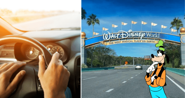 Driving a Walt Disney World Rental Car toward the iconic Disney World entrance, Goofy greets guests on the road, setting a magical tone for their park adventure.