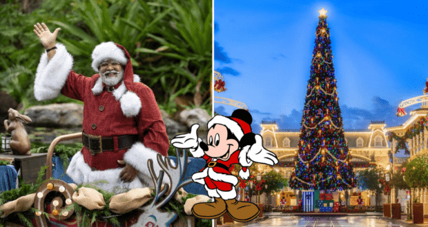 Festive split image featuring Santa Claus waving on the left, and Mickey Mouse dressed as Santa beside a giant Christmas tree on the right, showcasing the holiday spirit and enchantment at Walt Disney World.