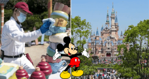 A dedicated cast member spruces up Shanghai Disney’s vibrant decor as cheerful crowds gather near Mickey Mouse and the enchanting castle, capturing the park’s magical atmosphere.