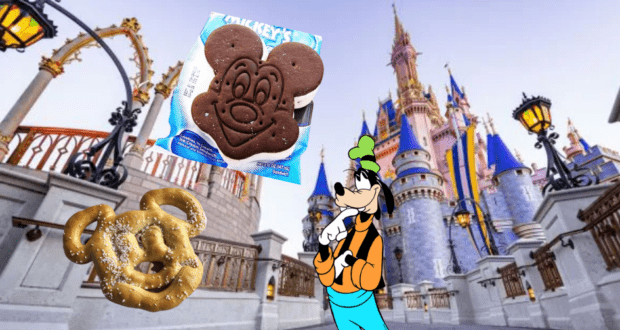 Mickey ice cream, Mickey pretzel, and Goofy enjoying classic Disney snacks in front of Cinderella Castle at Disney World during the day.