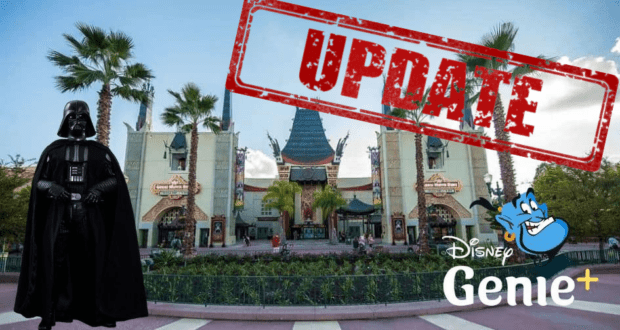 Darth Vader poses by the Genie+ logo at a Disney park entrance, with the Star Wars Launch Bay Genie featured in the background and a bold "UPDATE" stamp overhead.