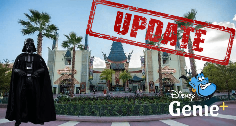 Darth Vader poses by the Genie+ logo at a Disney park entrance, with the Star Wars Launch Bay Genie featured in the background and a bold "UPDATE" stamp overhead.