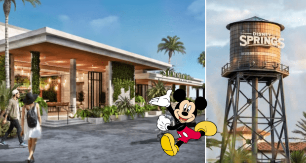Mickey Mouse greets guests in front of Summer House on the Lake at Disney Springs, with the inviting restaurant and iconic water tower set against a bright blue sky.