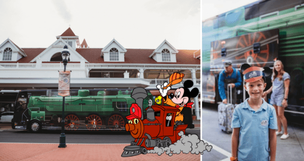 The Sunshine Flyer-inspired green train bus waits outside a Disney resort, with Mickey Mouse next to his cartoon train and a joyful young guest posing in front.