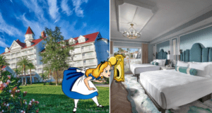 Alice explores the iconic white-and-red Victorian buildings of Disney’s Grand Floridian Resort & Spa; inside the Villas, two plush beds anchor a sophisticated guest room with elegant blue accents, offering a luxurious stay just steps from Magic Kingdom.